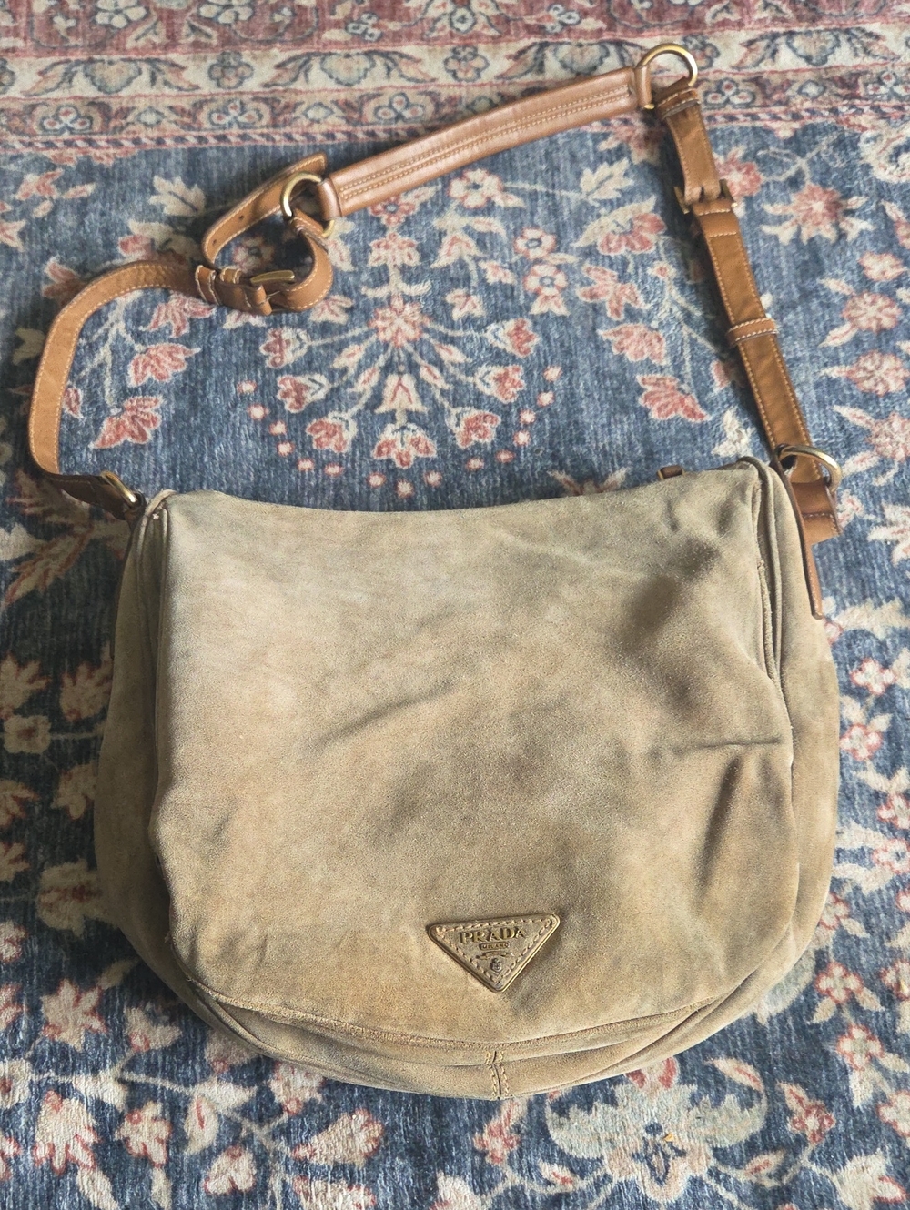 Prada Taupe Suede Crossbody with Tan Leather Strap